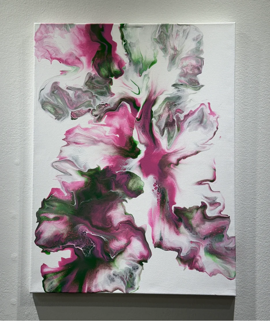 Wicked, a vibrant magenta, deep green, and white abstract floral acrylic pour painting by Elizabeth Zab