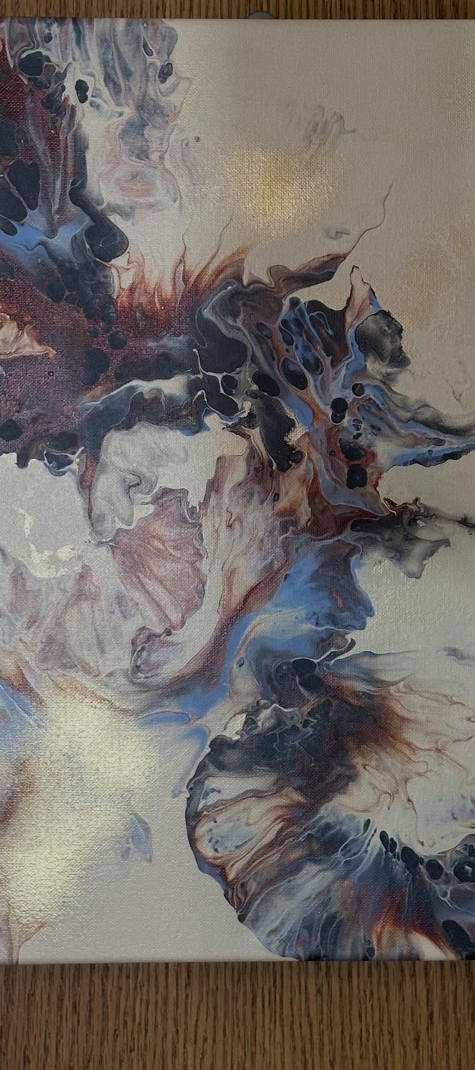 Rust, slate blue, and cream pour, original acrylic pour painting by Elizabeth Zab