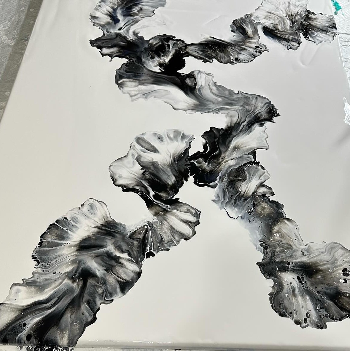 Black-and-white charcoal pour on canvas, original acrylic pour painting by Elizabeth Zab