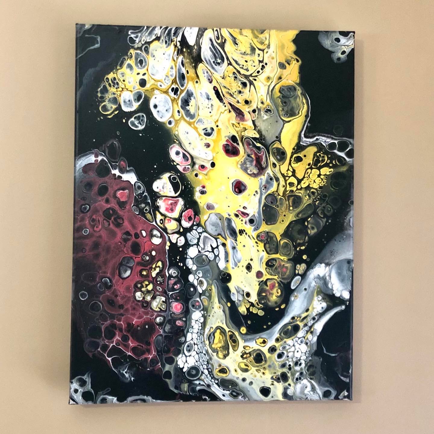 Black, yellow, and red, a bold vertical pour, original acrylic pour painting by Elizabeth Zab