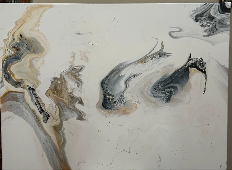 Canyon Rivers, a neutral ivory, taupe, gold, and charcoal abstract acrylic pour painting by Elizabeth Zab